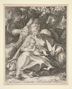 De Heilige Familie Onder de Kersenboom / Rust op de Vlucht naar Egypte Onder een Kersenboom door Hendrick Goltzius