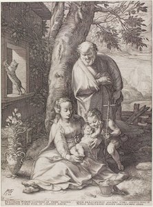 De Heilige Familie met de Jonge Johannes de Doper, plaat zes uit De Geboorte en Vroege Leven van Christus door Hendrick Goltzius