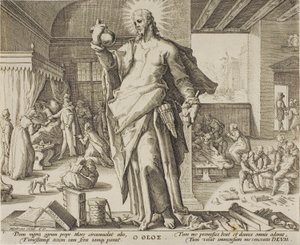 De arts beschouwd als God, plaat één uit Allegorieën van het Medische Beroep door Hendrick Goltzius