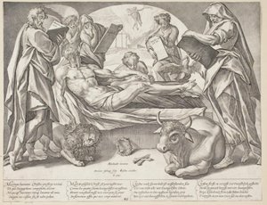 De dode Christus en de vier evangelisten door Hendrick Goltzius