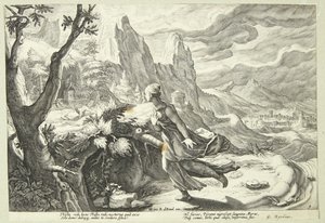 Thisbe bang voor de leeuw door Hendrick Goltzius