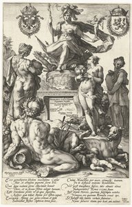 Titelprent voor prentserie De Romeinse helden door Hendrick Goltzius