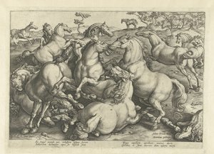 Twaalf vechtende paarden Paardenrassen uit de Koninklijke stallen van Don Juan van Oostenrijk door Hendrick Goltzius