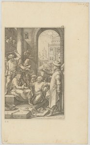 De bespotting van Christus, blad 7 uit de serie „De Passie“ door Hendrick Goltzius