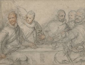 Vijf officieren, studie voor een schuttersmaaltijd door Hendrick Goltzius