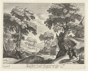 Landschap met een boerenpaar op een landweg door Hendrick Hondius (I)