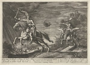 Ruiter en de Dood Geen Man soo kloeck, noch Dier soo snel, de Doodt en achterhaelt hun wel (titel op object)