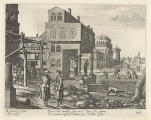 Stadsgezicht met de aanbidding door de herders door Hendrick Hondius (I)