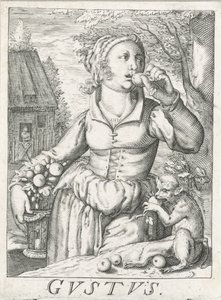 Smaak, een vrouw met vruchten door Hendrick Hondius (rejected attribution)
