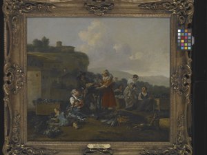 Een groentemarkt in Italië met figuren door Hendrick Mommers