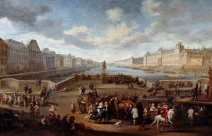 Uitzicht op Parijs met het Louvre, genomen vanaf de Henri IV-brug door Hendrick Mommers