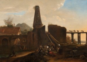 Reizigers in rust bij klassieke ruïnes, 1663