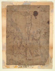 Christus aan het kruis tussen de Maagd en Sint-Jan met scènes van de Passie op de achtergrond