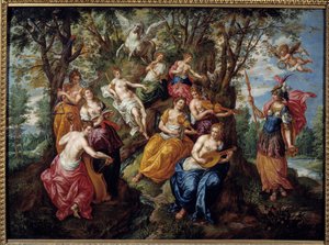 Bezoek van Minerva aan de Muzen door Hendrick de Clerk