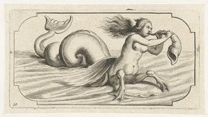 Een vrouwenfiguur blaast op een schelp (Nouveau Livre des Dieux et Deeßes De la Marine Bouckje van Zeegoden en Godinnen)
