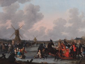 Een winterlandschap met talrijke door paarden getrokken sleeën op het ijs door Hendrick de Meijer