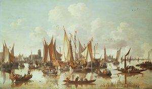 Nederlandse schepen in de haven van Dordrecht door Hendrick de Meyer