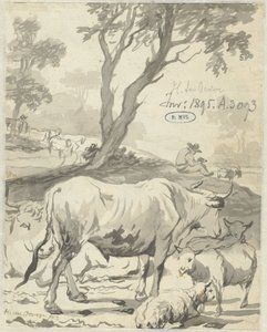 Herder met koeien en schapen onder een boom door Hendrick ten Oever