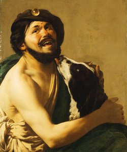 Een lachende Bravo met een hond, 1628
