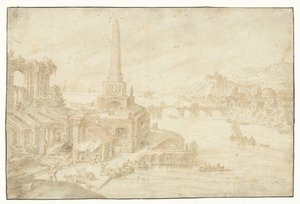 Obelisk naast ruïnes (series title) door Hendrick van Cleve