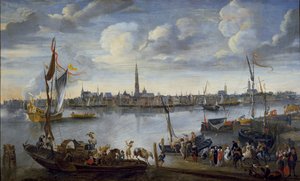 Uitzicht op de wegen van Antwerpen vanaf de westelijke oever door Hendrick van Minderhout