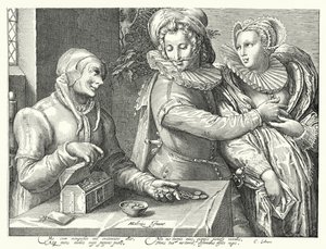 Een jonge man kiest voor liefde voor schoonheid boven rijkdom (gravure) door Hendrik (after) Goltzius