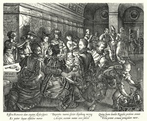Het Banket in het Huis van Tarquinius door Hendrik (after) Goltzius
