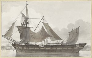 Driemaster onder noodtuig, een haven binnenlopend met zwakke wind door Hendrik Abraham Klinkhamer