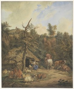 Herder, herderin en vee rustend voor een vervallen stal