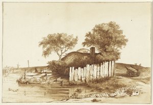 Huisje met omheind erf aan het water
