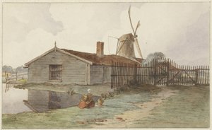 Molen met houten gebouwen bij Amsterdam door Hendrik Abraham Klinkhamer