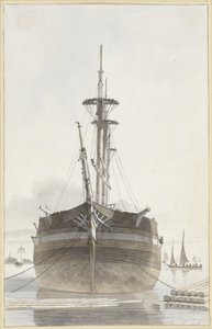 Zeilschip van voren gezien in een houthaven door Hendrik Abraham Klinkhamer