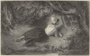 Meisje, liggend onder bomen bij een water door Hendrik Adriaan Christiaan Dekker