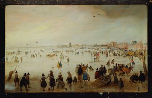 Schaatsers, golfspelers, elegante dames en heren op bevroren wateren bij de Broederpoort in Kampen door Hendrik Avercamp