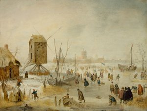Winterlandschap met schaatsers op een rivier bij een windmolen
