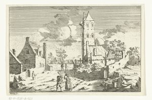 Dorpsgezicht met huizen en toren aan zandweg met figuren