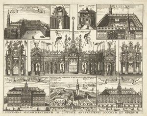 Blad met tien voorstellingen van de intocht van de Kardinaal Infant Ferdinand te Antwerpen, 1635