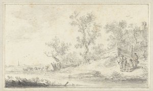 Landschap met een groep van vier personen, links vee door Hendrik Chalon