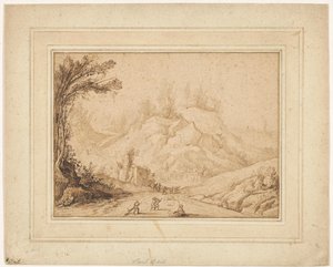 Berglandschap met Figuren op een Weg bij een Herberg