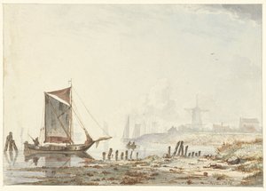Schepen op een rivier, bij de oever