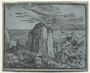 Uit een set van 4 landschappen: Nr.4- Klif aan de kust door Hendrik Goltzius