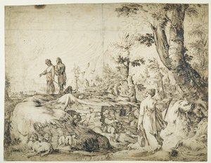 Landschap met boeren bij een hut