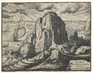 Set van 4 Landschappen: Nr. 4 - Klif aan de Kust door Hendrik Goltzius