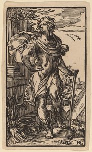 Staande jonge man met een wandelstok door Hendrik Goltzius