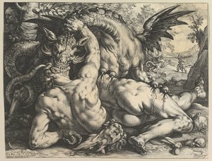 De draak die de metgezellen van Cadmus verslindt
