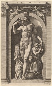Bacchus door Hendrik Goltzius after Polidoro da Caravaggio