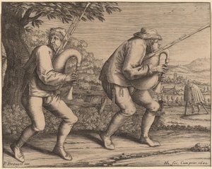 Twee doedelzakspelers door Hendrik Hondius I after Pieter Bruegel the Elder