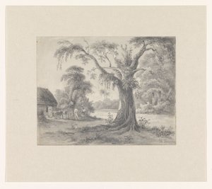 Landschap met een boom en hut met paard en wagen en twee figuren door Hendrik Huygens (signed by artist)