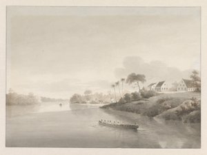 Gezicht op een aantal huizen aan een rivier, mogelijk de Jodensavanne