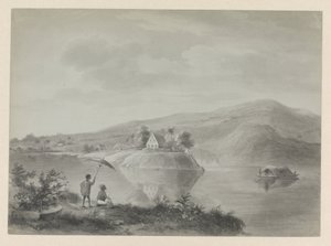 Gezicht op een rivier met enkele huizen, mogelijk Berg en Dal